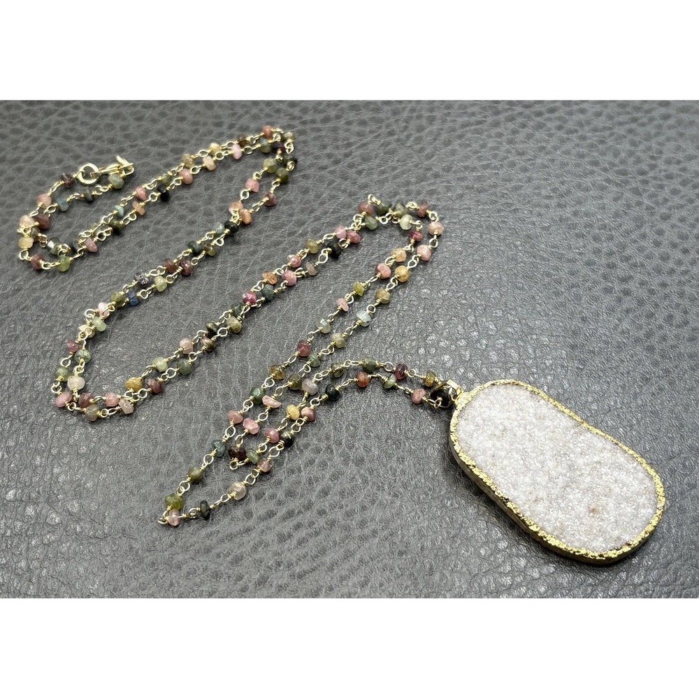 Druzy Pendant Necklace Tourmaline Gemstone Beaded Gold Filled Chain And Clasp